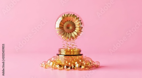 Golden jewelry on pink background.