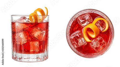 Negroni cocktail drink with orange peel in glass and bowl isolated on transparent background. Ai Generated