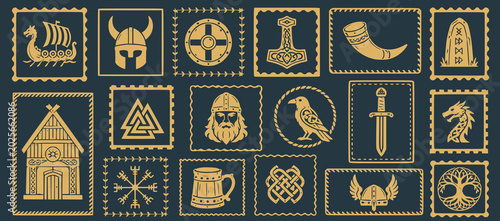 Foto viking themed postage stamp collection with norse mythology symbols longship rav