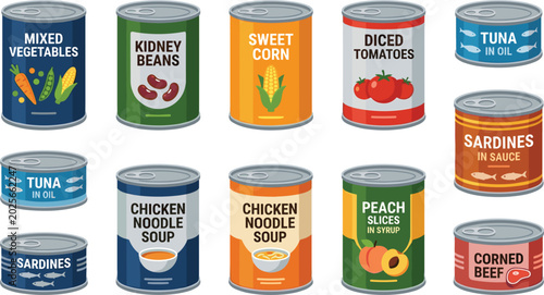 Obraz na plátne Canned food vector set with tin cans of vegetables, soup tuna corn and peaches