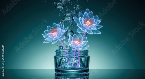 Glowing lotus flowers in vase.