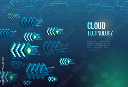 Futuristic cloud technology background with glowing geometric elements and digital network patterns, representing cloud computing, data transfer, and modern IT systems.