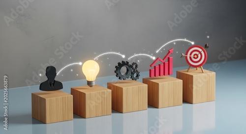 Business growth and success concept with icons representing steps to achieve goals isolated on business strategy