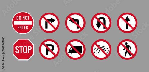 Multiple road prohibition signs in clean graphic style on grey background, representing traffic restriction concepts. Vector illustration