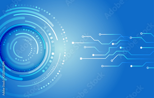 Abstract blue technology background with circular digital interface, glowing circuit lines, and futuristic network connections. Modern hi-tech design concept.