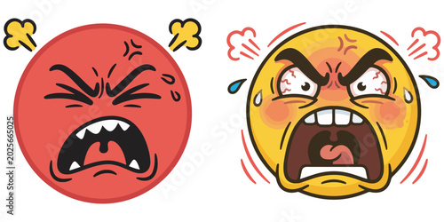 Obraz na plátně Two angry screaming emoji faces with steam and red eyes.