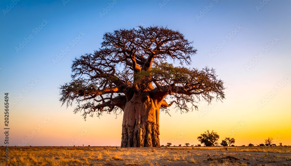 Fototapeta premium Majestic African landscape photography highlighting a massive ancient baobab tree standing under a bright sky.