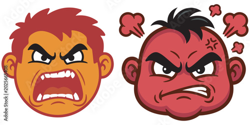 Bilde på lerret Two angry red and orange monster faces with steam and fangs.