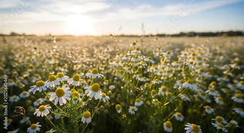 Sunrise over a field of blooming chamomile flowers, soft light, serene nature landscape.
