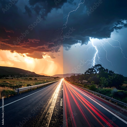 Highway Through Stormy Weather with Lightning.