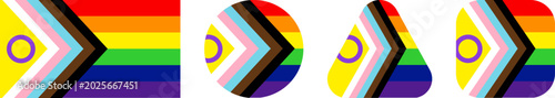 Progress pride flag geometric shape icons with intersex symbol, collection of rectangle circle triangle and square badges, lgbtq community inclusion graphic elements isolated on white background