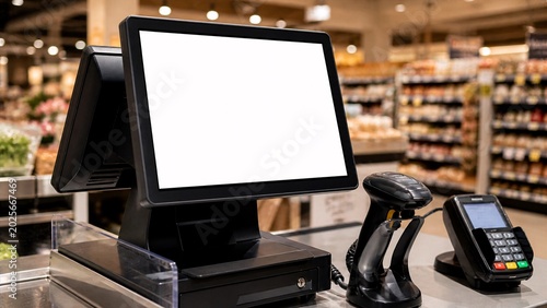 Blank white POS terminal screen mockup at a supermarket checkout counter.