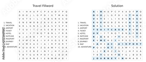 Travel word search puzzle game with solution included