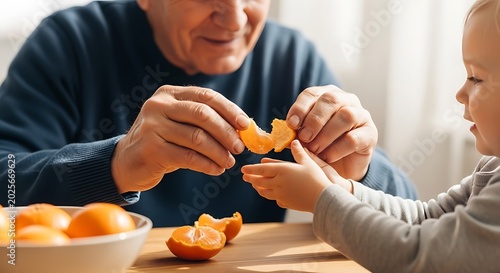 heartwarming moment as a grandfather gently offers a juicy orange slice to his young grandchild, fostering connection and healthy eating.