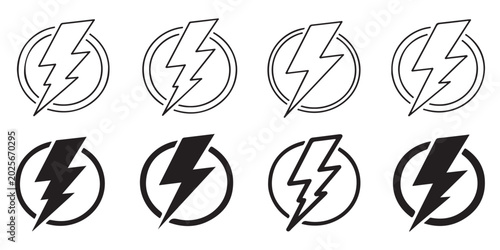 Foto Jagged lightning bolt icon set within circular frames displaying sharp geometric edges and various line thicknesses for high impact graphic elements