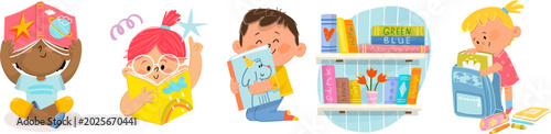 Foto Children reading books, studying and organizing school supplies