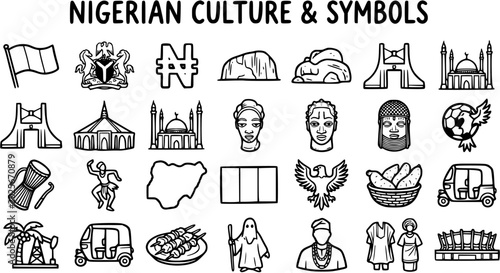 Fotografie Nigerian Culture Symbols Black and White Line Art Icon Set
