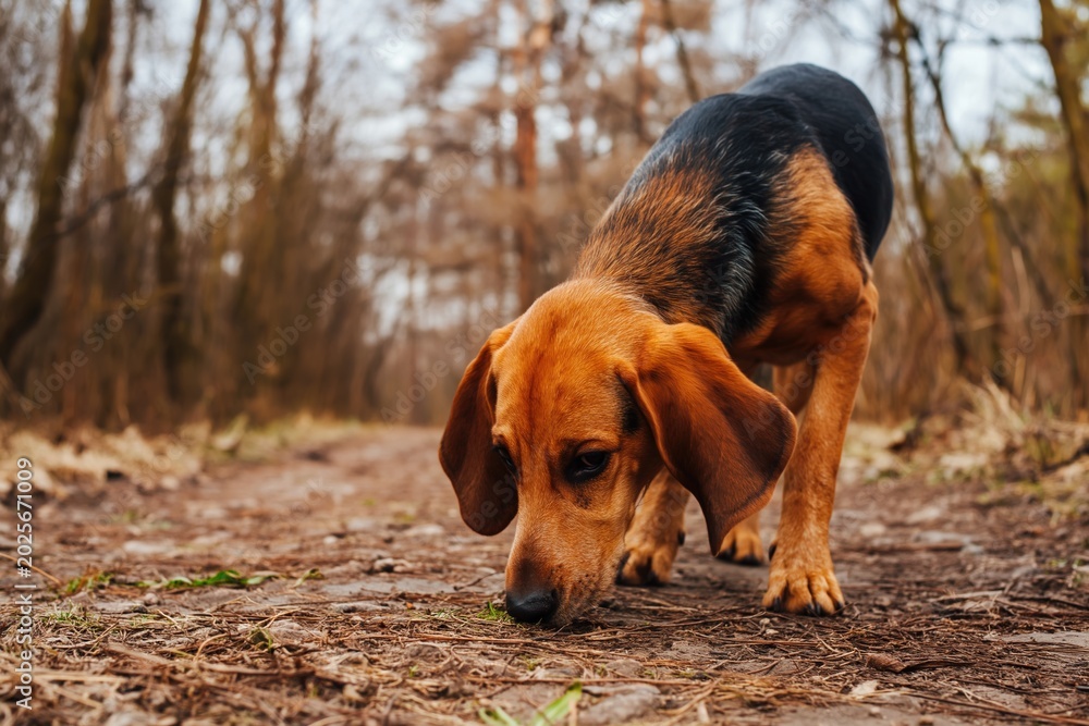 Fototapeta premium Curious Beagle Sniffing Along Nature Trail