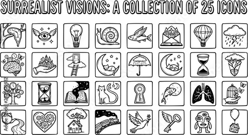 Schilderij op canvas Surrealist Visions: A Collection of 25 Black and White Line Art Icons for Creati