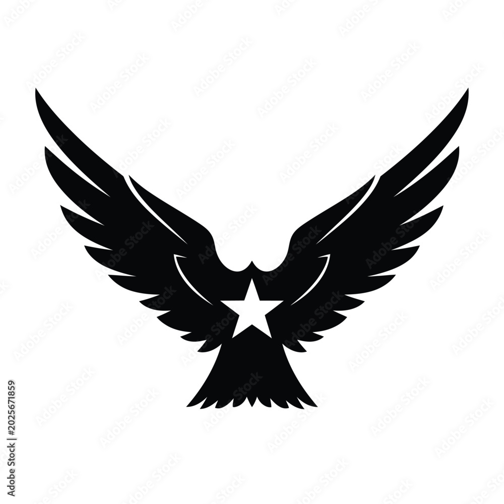 Obraz premium Eagle silhouette with spread wings and a single star on a white background