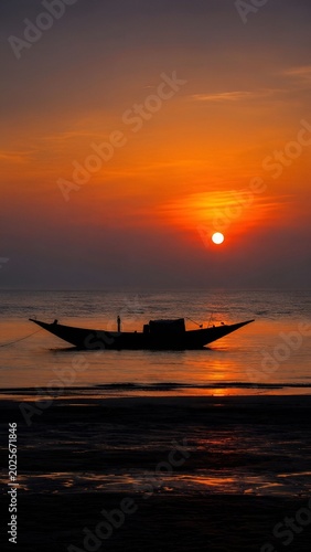 Golden Sunset Fishing Boat Silhouette on Calm Sea