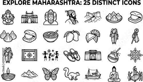Bild auf Leinwand Maharashtra Culture and Tourism Icons Set: Black and White Line Art Illustration