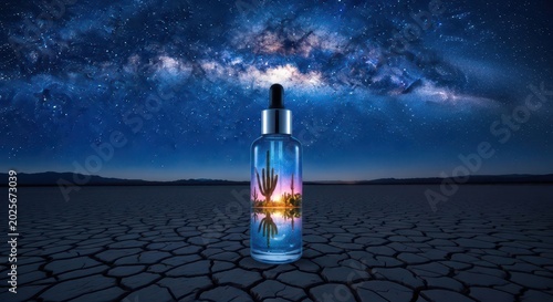 Perfume bottle on dry ground.