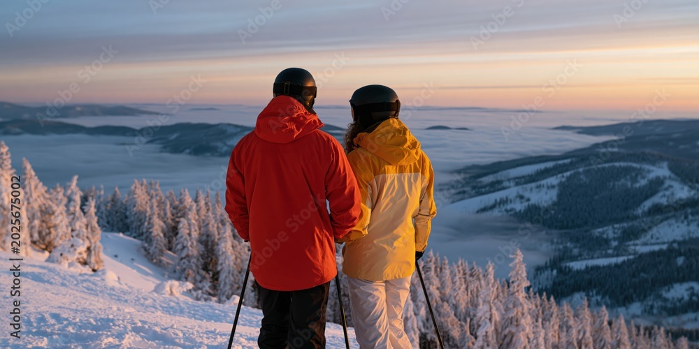 Fototapeta premium Two skiers in colorful jackets on a snowy overlook at sunrise with a foggy valley for winter travel poster and outdoor adventure background