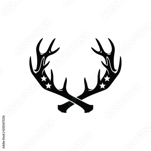 Black silhouette of crossed deer antlers with white star cutouts on a white background