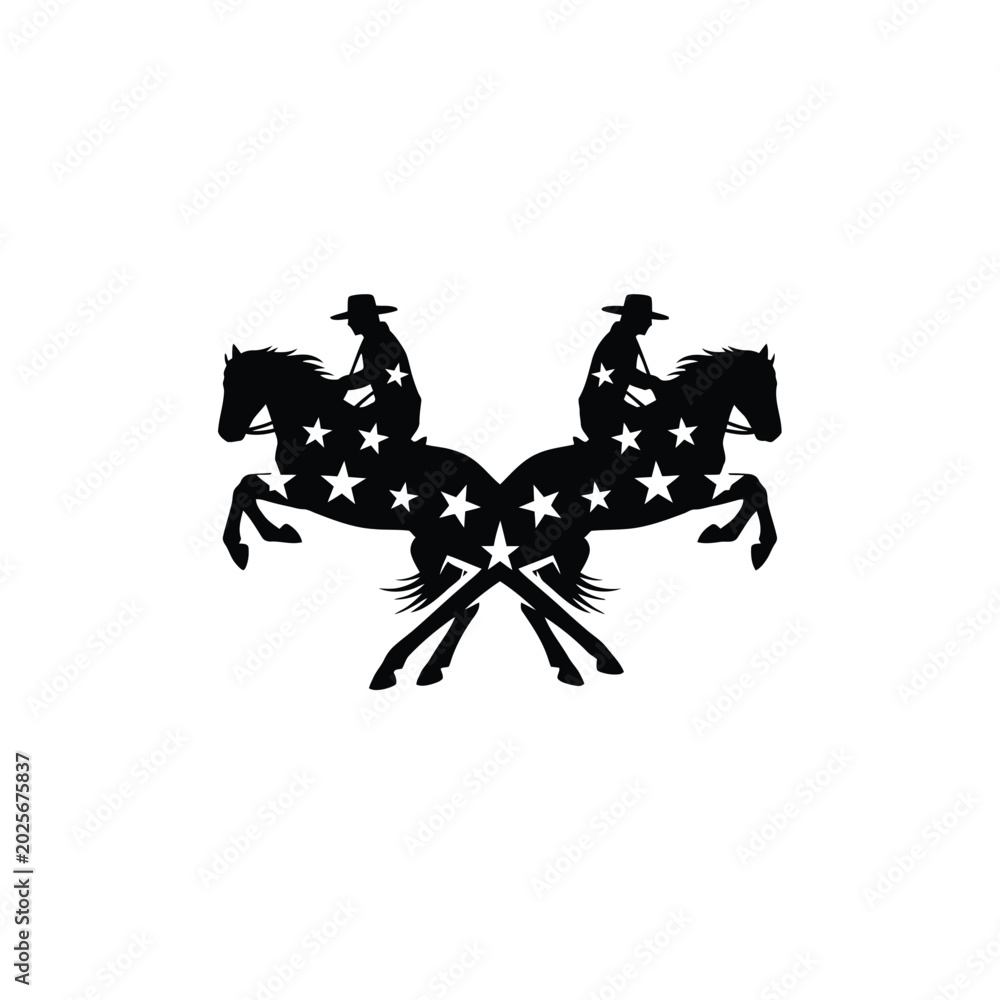 Fototapeta premium Two cowboys riding horses with star patterns on a white background