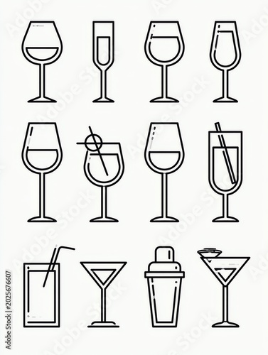 Minimalist Line Art Icons of Various Drink Glasses, Cocktail Shaker, and Barware