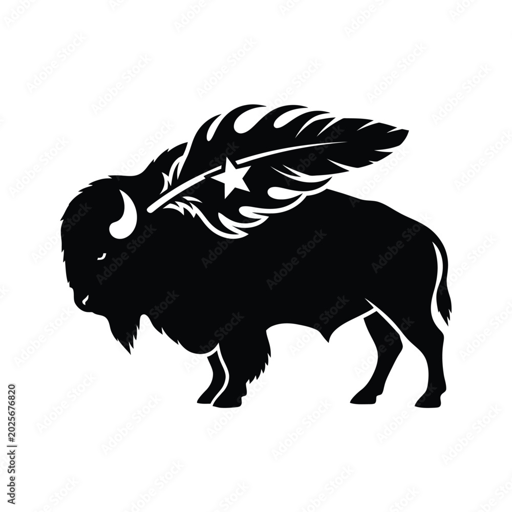 Obraz premium Black silhouette of a standing american bison with a feather and star symbol on a white background