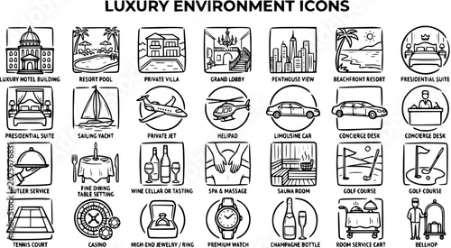 Bild auf Leinwand Luxury Environment Icons Black and White Line Art for Hospitality and Travel