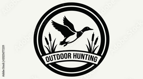 Outdoor Hunting Emblem with Flying Duck Silhouette and Cattails in Vintage Logo Style