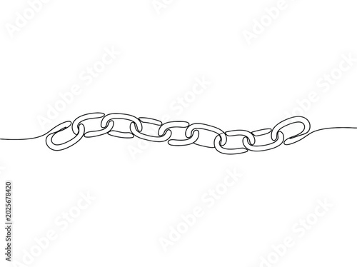 Continuous line drawing of a strong metal chain linking together with security and connection