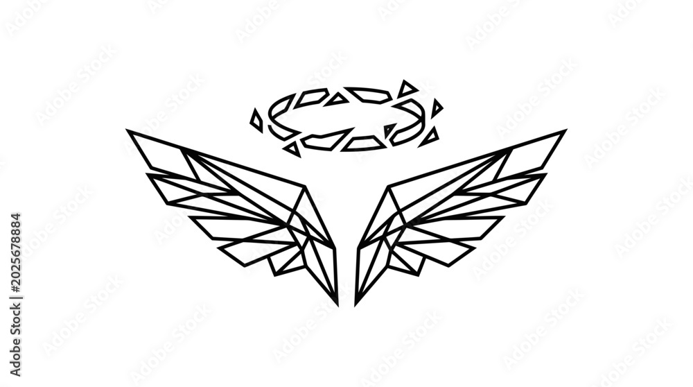 Fototapeta premium Geometric Low Poly Angel Wings with Halo Crown of Thorns Minimalist Tattoo Style Line Art Vector Illustration