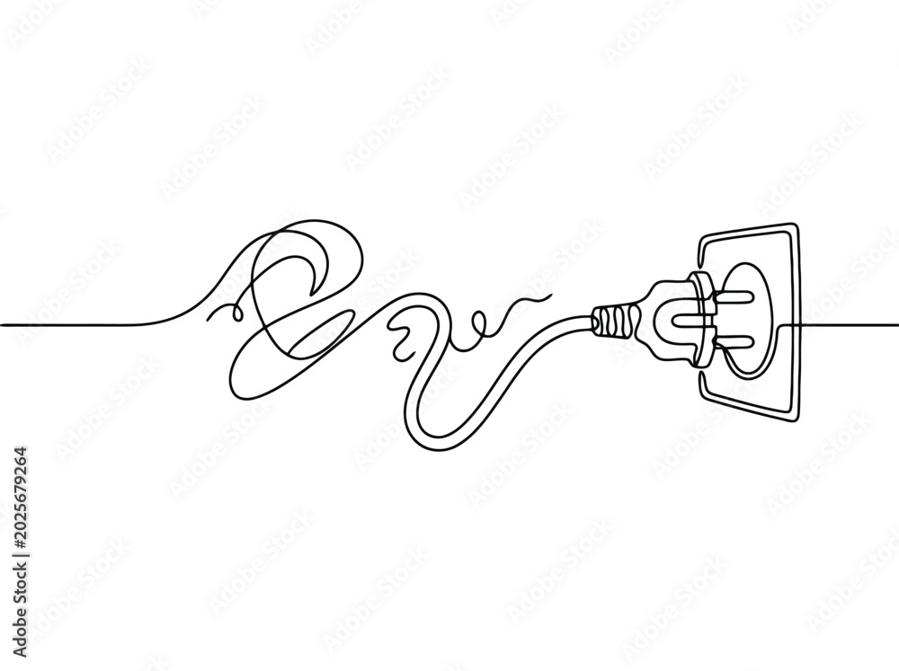 Obraz premium Electric plug connecting to wall socket with flowing wire representing energy and power