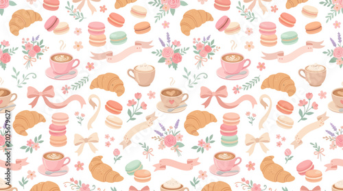 Sweet Bakery Cafe Food and Drink Flat Vector Seamless Pattern with Croissants, Macarons, and Coffee Illustration