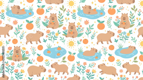 Adorable Flat Cartoon Capybara Seamless Pattern. Cute Wildlife Animal Illustration for Kids and Nature Designs.