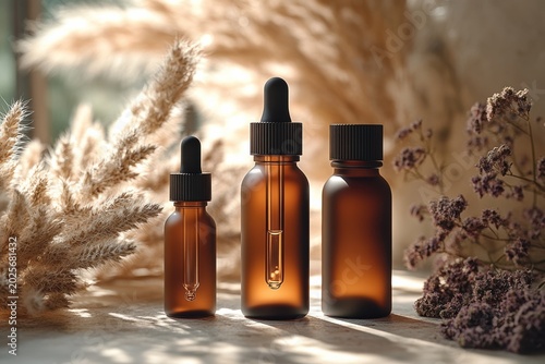 Cosmetic tube, pump bottle, and dropper mockups set in a simple natural setting
