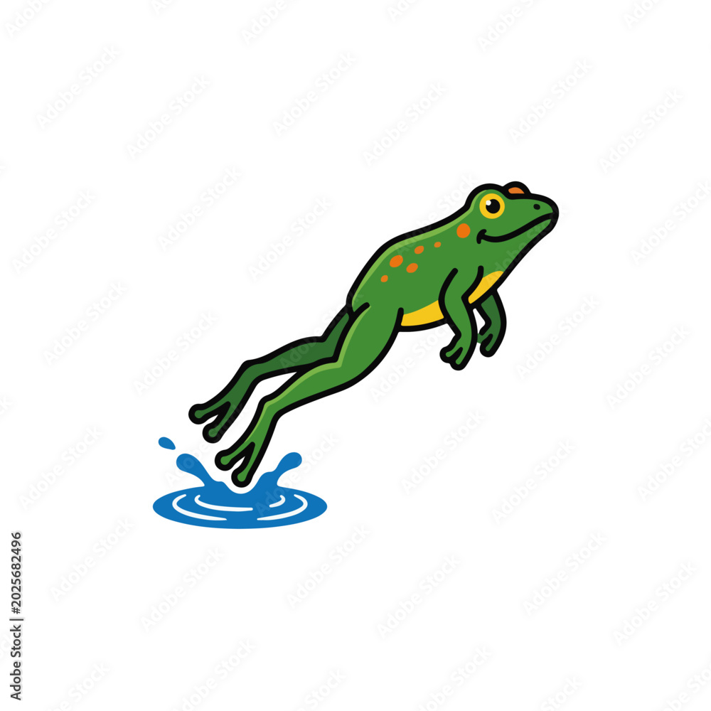Fototapeta premium jumping green frog cartoon vector illustration with water splash