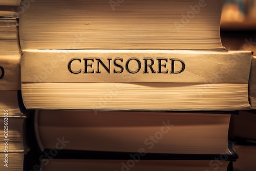 Bookshelf with Censored Book Titles Displayed