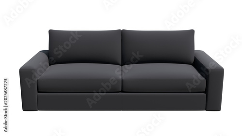 Schilderij op canvas 3D render of modern dark gray sofa with boxy design, straight armrests, large cushions, minimalist contemporary furniture, isolated on transparent background for interior visualization