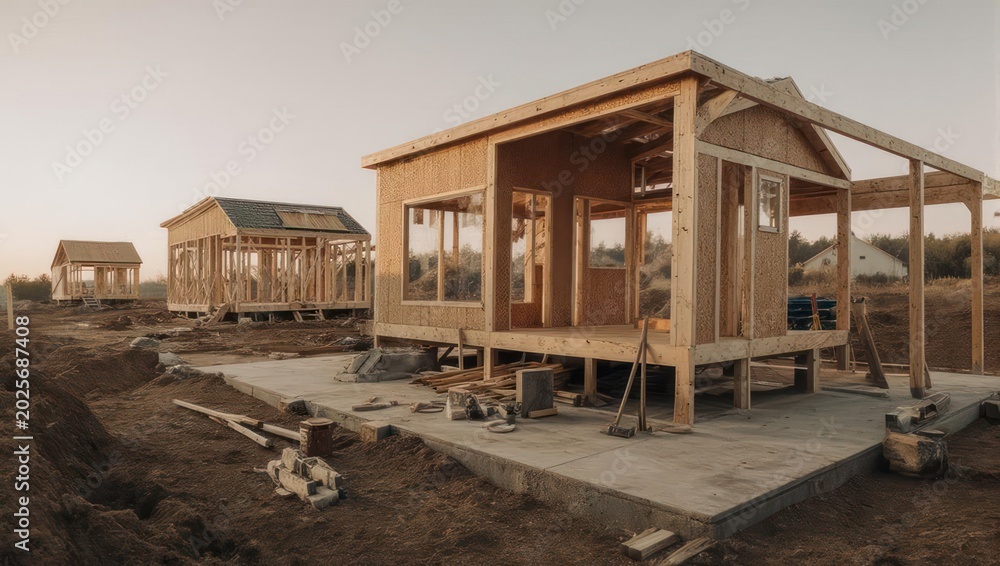 Obraz premium Wooden frame houses under construction on a building site at sunset.