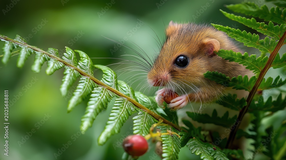 Fototapeta premium Adorable Hamster Among Lush Green Ferns