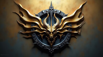 Metallic eagle emblem with sharp wings and ornate circular frame in a dark moody style for fantasy gaming logos and heraldic symbols