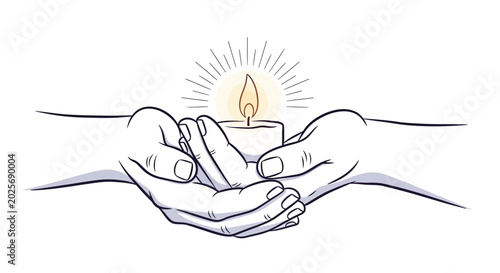 Tableau sur toile Minimalist line art illustration of hands holding a lit candle