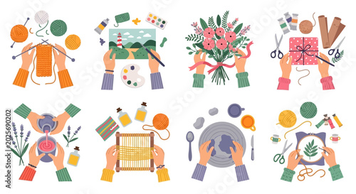 Valokuva Creative Hands Engaged in Various DIY Hobbies Vector Illustration Set