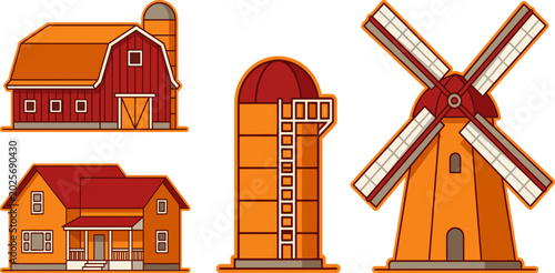 Foto Illustration of a farm with a red barn, silo, house, and orange windmill