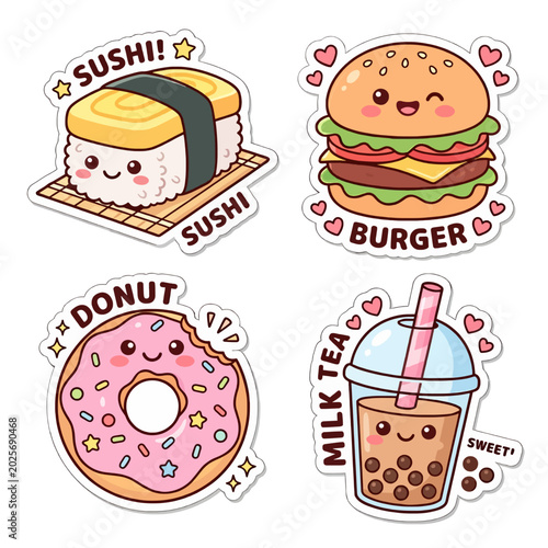 Kawaii food stickers with smiling faces
